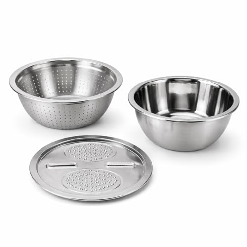 Cesto Escorredor com Ralador Inox 4 em 1 Multifuncional com Tigela e Fatiador Kit Cozinha Aço Inoxidável para Salada, Legumes e Queijos