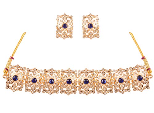 Image of Touchstone Mughal Jali Collection Gold Tone Indian Mughal Bollywood White Diamante Jewelry Choker Set for Women