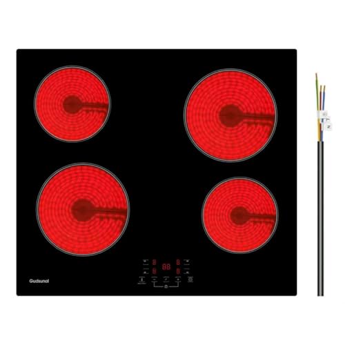 Gudsunal Placa de cocción de 4 placas, 4 placas de cocción, 60 cm, 6000 W, 9 niveles de calor, función de conservación del calor, temporizador, apagado automático, seguridad infantil, vitrocerámica
