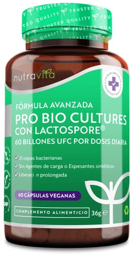 Probióticos Alta Resistencia 60 mil millones CFU Probioticos Complex con 21 cepas vivas - Suplemento de enzimas digestivas para hombres y mujeres - Cápsulas veganas - Cultivos bacterianos - Nutravita