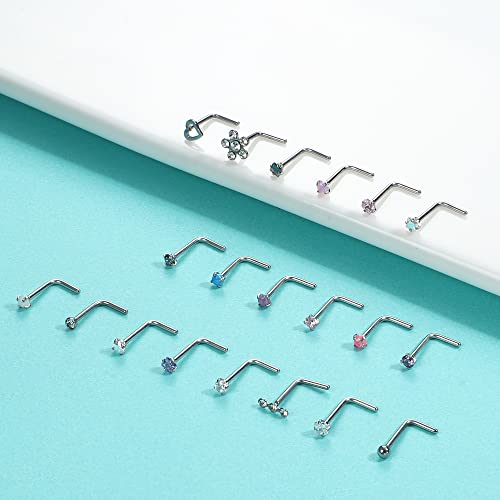 Besteel 20 Pcs Hypoallergenic 20G Nose Rings for Women Men Cubic Zirconia Stainless Steel Nose Studs Set Labret Lip Nostril Piercing Jewelry Multicolor 2mm L Shaped - Thumbnail 3
