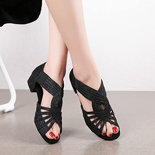 Low Heel Women Ballroom Dance Shoes Salsa Batchata Social Beginner Practice Wedding Dancing 1.5'' Heels YT04(7, Bling Black)