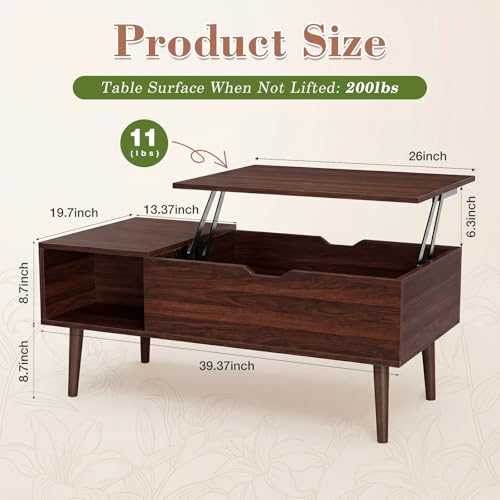 Image of OLIXIS Wood Lift Top Coffee Table with Hidden Compartment and Large Storage Shelf, Lift Tabletop Dining Center Table for Home Living Room Office, Dark Brown