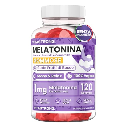 Melatonina Gommose Vegan Vitastrong, Senza Saccarosio, 120 Caramelle Melatonina 1mg (1/Giorno, Scorta 4 Mesi) Senza Glutine, Aroma Frutti Rossi, Complex con Valeriana, Lavanda, Camomilla, Vitamina B6