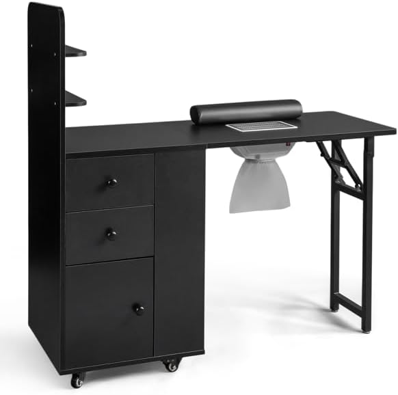 Black Folding Nail Art Desk with 2 Drawers & Storage Shelf, Portable Black MDF Beauty Table for Manicurist, Mobile Nail Technician Station with Cabinet Door, Compact Vanity Table