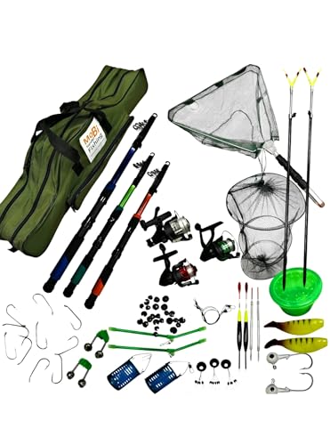 NEU Premium Angelset Komplettset XXL – 3 teleskopische Angelruten mit Rollen, Komplett-Set mit Grüne Angeltasche, Kescher, Rutenhaltern & 50+ Zubehörteilen