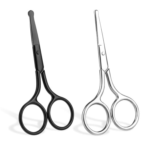2 Stück Edelstahl Nasenhaarschere mit Runder Spitze, 10cm Bartschere Augenbrauentrimmer Stumpfer Abgerundeter Nasenhaar Schere Reise-Trimmschere für Haare Wimpern Schnurrbart