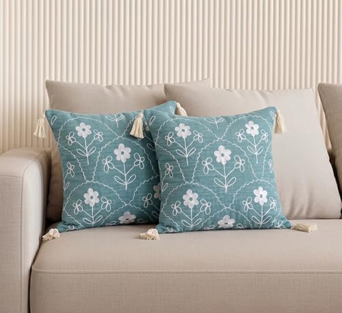 Image of Furnistitchs Handmade Cotton Bohemian Home Decor Cushion Cover 24x24 inches / 60x60 cms - Boho Chic Couch Sofa Throw Living Room Bedroom Cushions (1, Green Floral Arcs)