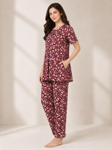 Image of KIAWAH Women Printed Night Suit Set, Cotton Blend Night Suit, A-Line Top and Pajama Set, Soft and Breathable Night Wear