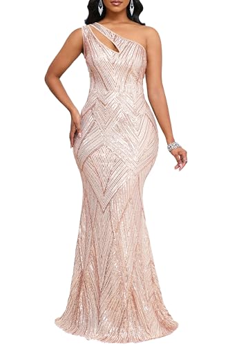 VERWIN Sequins Fashion Sleeveless Oblique Collar Mermaid Women's Maxi Bodycon Party Dress XXL Champagne