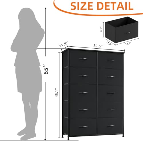 Somdot Dresser for Bedroom with 10 Drawers, Wide Storage Organizer Chest of Drawers with Fabric Bins for Closet Bedside Nursery Living Room Laundry Entryway Hallway,Black by Somdot - Image 3