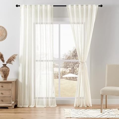 DWCN Natural Linen Sheer Curtains, 84 Inches Long Rod Pocket & Back Tab Linen Texture Semi Sheer Window Covering, Light Airy Privacy Sheer Panels for Bedroom Living Room 52" W x 84" L, Set of 2 Cover