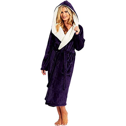 Hemlock Women Winter Fleece Robe Hooded Robes Soft Plush Kimono Bathrobe Plus Size Robe Night Gown Home Clothes Purple