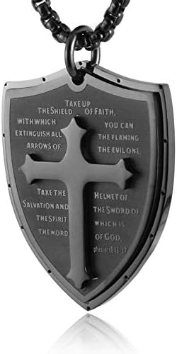 HZMAN Shield Armor of God Ephesians 6:16-17, Faith Cross Stainless Steel Pendant Necklace