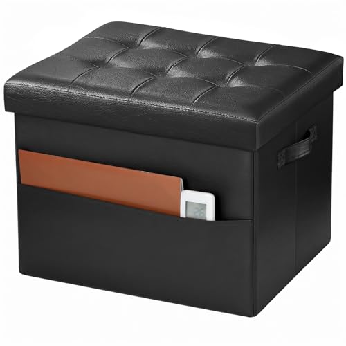 Image of Bsketa Storage Ottoman Bench,17 Inch Folding Leather Foot Rest Stool, Black | Small Ottoman with Side Pockets, Thicker Foam Padded Seat, Livingroom, Dorm, Bedroom, Easy to install, 43L,17x13x13in