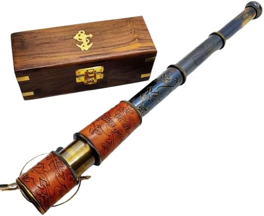 Vintage Brass Telescope – Handheld Nautical Pirate Spyglass for Navigation & Decor – Antique Brass Finish with Embossed (Wooden Box, Medium)