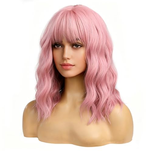 BERON 14 Inches Pink Wig for Women Girls Short Curly Synthetic Wig with Bangs Lovely Pink