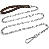 Dog Chain Leash with Leather Handle,6ft Heavy Duty Chew Proof Metal Stainless Steel Link Chain Traff