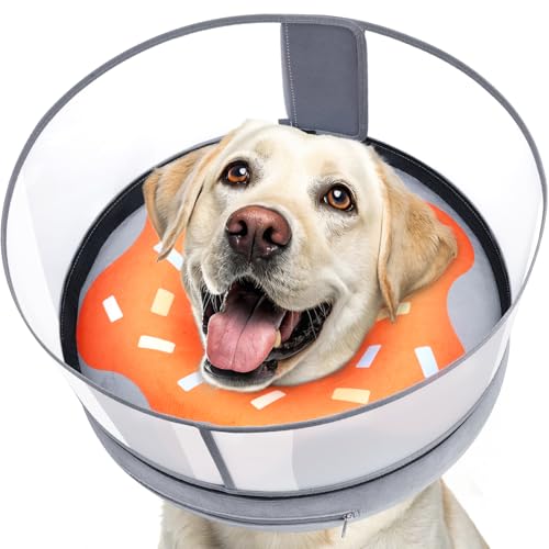 Didopet Inflatable Dog Cone with Transparent Shield, Protective Dog Donut Collar After Surgery to Stop Licking, Soft Donut Cone for Medium Plus Pets, Adjustable Recovery Collar with Buckle Visibility