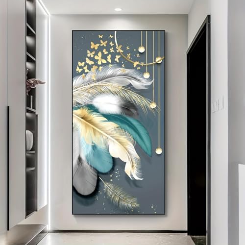 Affiche sur toile plume verte 80x165cm tableau moderne avec cadre intérieur pour salon