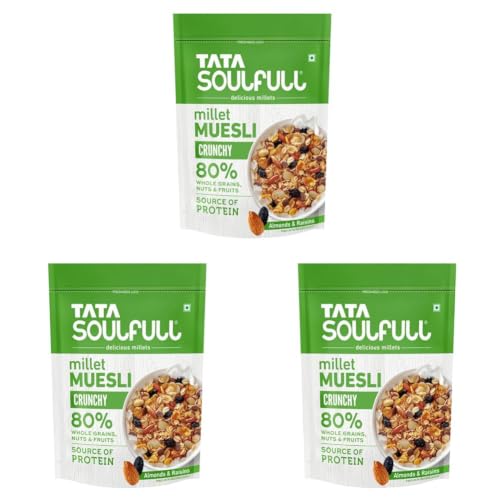 Image of Tata Soulfull Crunchy Millet Muesli, 500 g, Contains Wholegrains Nuts & Fruits, Source of Protien, High Fibre, Contains Ragi & Jowar (Pack of 3)