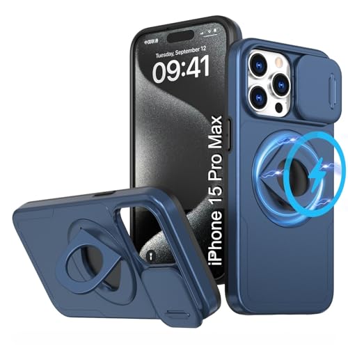 Image of LuxuryKase MagSafe Shockproof Rugged Back Case for iPhone 15 Pro Max | Finger Ring Kickstand & Sliding Camera Cover | Military Drop Protection | Wireless Charging Support - Blue