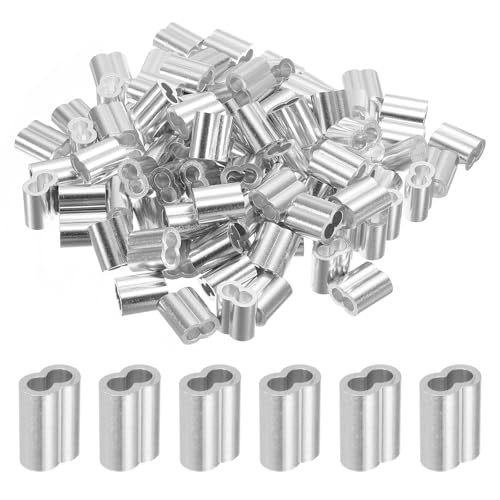 sourcing map 3/16 5mm Aluminum Crimping Loop Sleeve Double Ferrule for Wire Rope Cable Line End, Silver 100pcs