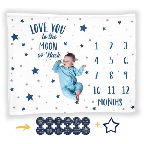 Baby Monthly Milestone Blanket with 12 Stickers, Large 50"x40" Months Boy Newborn Photography Background Photo Prop, Stars Moon Nursery, I Love You to The Moon and Back, Baby Shower (50"x40", Minky) Cover