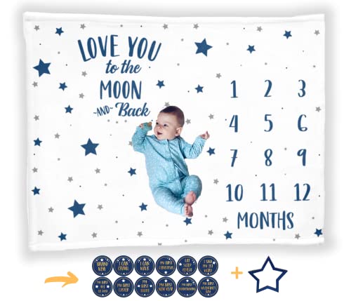 Image of Baby Monthly Milestone Blanket with 12 Stickers, First Year Calendar Monthly Growth Tracker, Baby Boy Month Blanket, Stars Moon Nursery, I Love You to The Moon and Back, Baby Boy Shower Gift (50"x40")