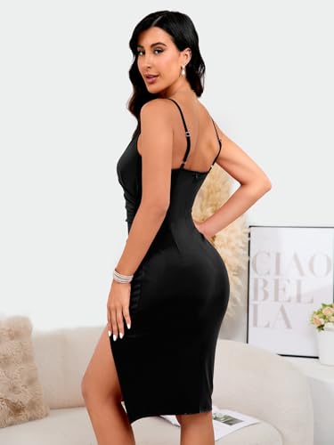 WAYMAKER Women's Sexy V Neck Spaghetti Strap Sleeveless Wrap Ruched Side Slit Bodycon Cocktail Party Wedding Guest Dress4