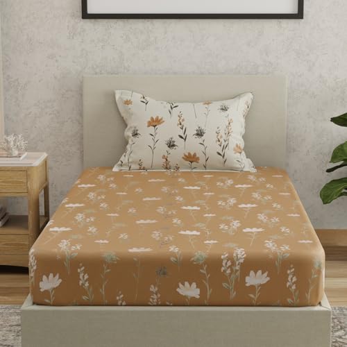 Image of HUESLAND by Ahmedabad Cotton 144 TC Cotton Elastic Fitted Bedsheet for Single Bed with 1 Pillow Cover | 36 x 78 inches