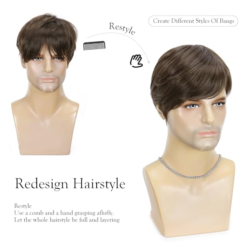 YYHR Mens Short Brown Wig Realistic Natural Male Side Part Wig Synthetic Heat Resistant Natural Halloween Cosplay Hair