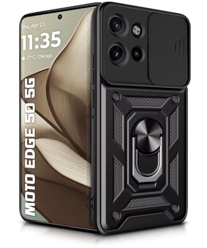 Image of WOW IMAGINE Tough Armor Bumper Mobile Back Case for Motorola Moto Edge 50 5G | Sliding Camera Shield Cover | Shock Proof 360 Protection | Hybrid PC + TPU | Ring Holder with Kickstand - Black