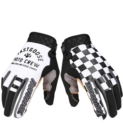 EXCEREY Chessboard Grid Motorcycles Racing Bicycles Full Finger Gloves for Adult Cycling Climbing Riding Biking Outdoor Sports (White, Size L)