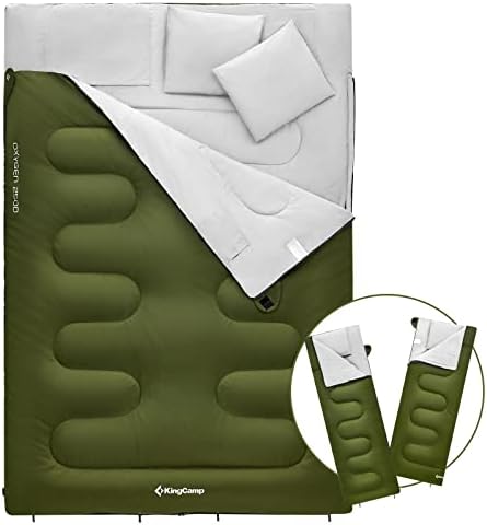 KingCamp Double Sleeping Bag Oxygen with 2 Pillows Queen Size & Extra-Large Rectangular Sleeping Bags for Adults 4 Seasons Waterproof Envelope Sleeping Bag for Camping Festivals Hiking Indoor Outdoor