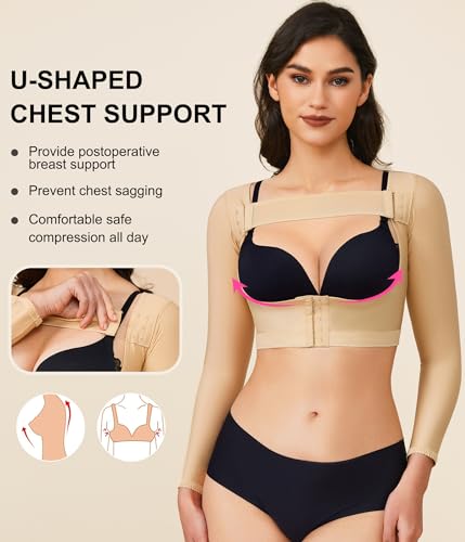 BRABIC Upper Arm Shaper Post Surgical Slimmer Compression Sleeves Posture Corrector Tops Shapewear for Women (Beige Long Sleeve, Small)