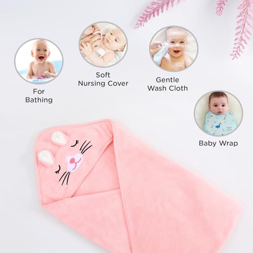 Image of Mee Mee Hooded Baby Bath Towel for New Born | Wash Cloth, Quick Absorbent, Can be Used for Baby Swaddling, Extra Soft Cotton Towels for Kids /Toddlers /Infants /Babies, Pack of 1, (Pink Cat) 80X80 CM