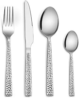 Cutlery Sets 16 Piece, Homikit Stainless Steel Hammered Cutlery Flatware Set, Silver Fork Knife Spoon Tableware Set Service for 4, Healthy & Non-Toxic, Mirror Finished & Dishwasher Safe