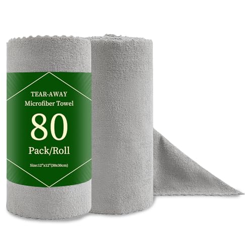 Jessy Home 80 Pack Reusable Paper Towels Grey Microfiber Cleaning Cloth Roll 12'x12' Microfiber...