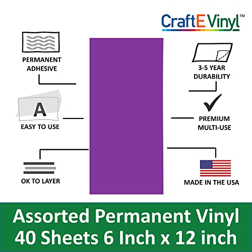Craft E Vinyl - 12" X 12" - 40 Sheets Assorted Glossy Colors Of Permanent Adhesive Backed Vinyl For Cricut Cutters, Craftrobo Cutters, Pazzles Cutters, Quickutz Cutters - Cev1200 #TOP3