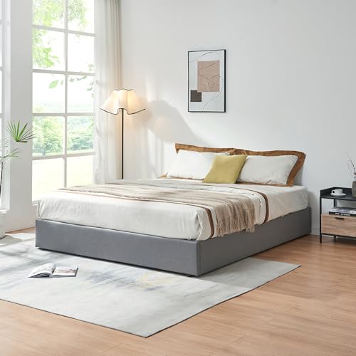 [en.casa] Cama Matrimonio NOLA Canapé Abatible con Somier Espacio de Almacenamiento Cama Tapizado Textil Tipo Lino MDF Contrachapado 206 x 181 x 28 cm - Gris