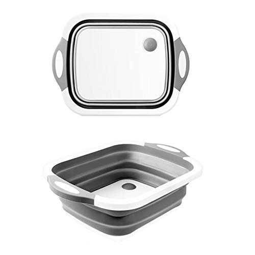 HAOXIANG Inicio Multifuncional Tabla de Cortar, de Silicona Plegable Tabla de Cortar, Drenaje Lavado de Vegetales y Corte de Verduras Cuenca Integrado (Gris)