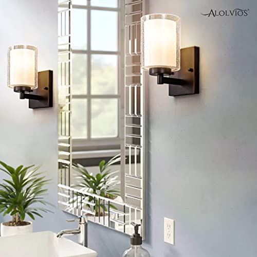 Alolvios 1-Light Vintage Wall Light Fixtures, Indoor Farmhouse Sconces Wall Lighting With Dual Seedy Glass And Oil Rubbed Bronze Finish For Bathroom Mirror, Living Room, Bedroom, Hallway, Porch #TOP1