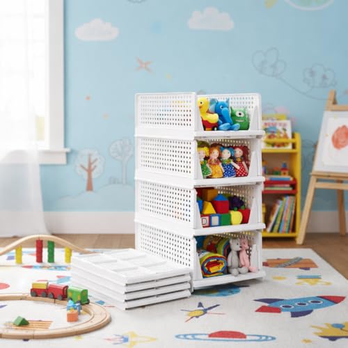 Image of URBAN LUXY Foldable Plastic Rack for Storage /Kitchen Cupboard /Sturdy Wardrobe for Clothes /Multipurpose Storage Organizer /Closet for Bedroom /Living Room /Laundry (FOLDABLE STACKABLE BASKET-WHITE, 2PCS)