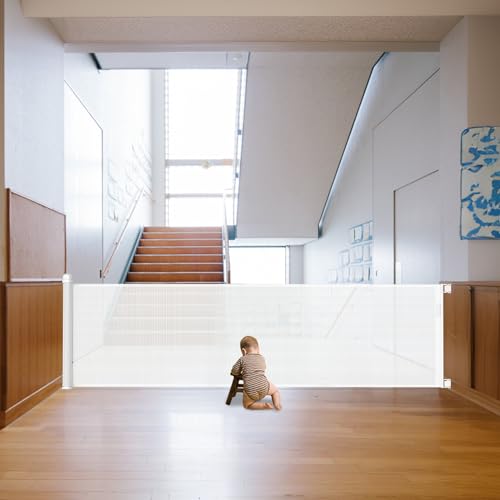 YUENFONG Treppenschutzgitter Ausziehbar Türschutzgitter, 0-300 cm Absperrgitter Schutzgitter Baby Kindergitter, Treppenschutz Treppenschutzrollo Türgitter Einziehbares Tür, Weiß