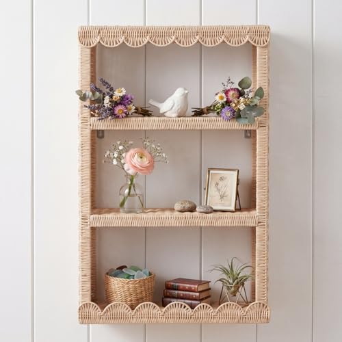 Pinkunn Scalloped Rattan Wall Hanging Storage Shelf Boho Wall Decor and Woven Walls Shelf Decorative Rattan Floating Shelves for Bohemian Style House Cute Walls Art Above Couch or Bed