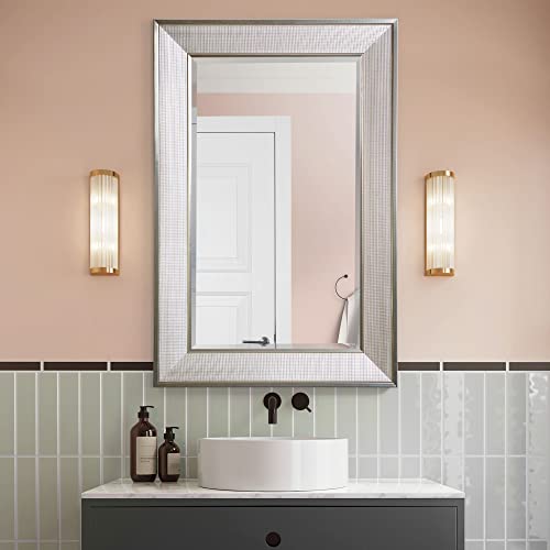 Head West Brushed Nickel Pave Textured Rectangular Framed Wall Vanity Mirror - Rustic Beveled-Edge Bathroom Mirror With 4 D-Ring Hangers For Vertical & Horizontal Placement - 24" X 36" #TOP1