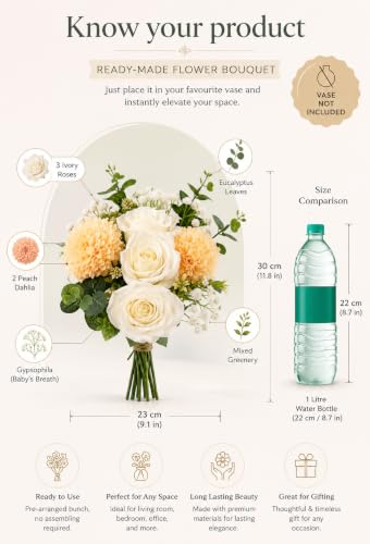Image of Divyakosh Artificial Flowers for Home Decoration, Flora for Decor| Artificial Flowers for Vase (VASE NOT Included) Home Decor Items, Artificial Peach Dahlia & Rose Flowers Bunch for Vase