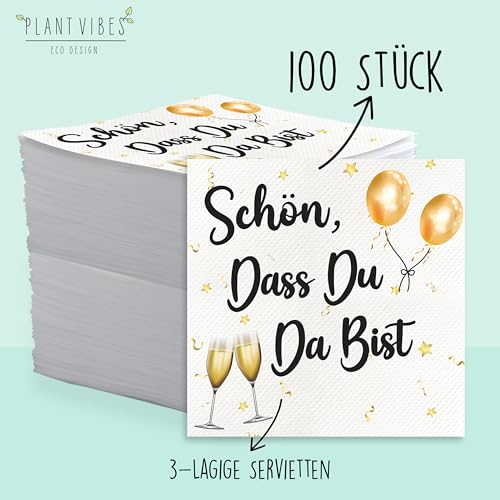 100 Stk Servietten Schön Dass Du Da Bist - Servietten Geburtstag Mann - Servietten mit Spruch 33 x 33 cm - 3 -Lagige Weich