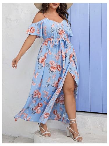 Image of Floerns Women's Plus Size Cold Shoulder Short Sleeve Split Thigh Long Dress